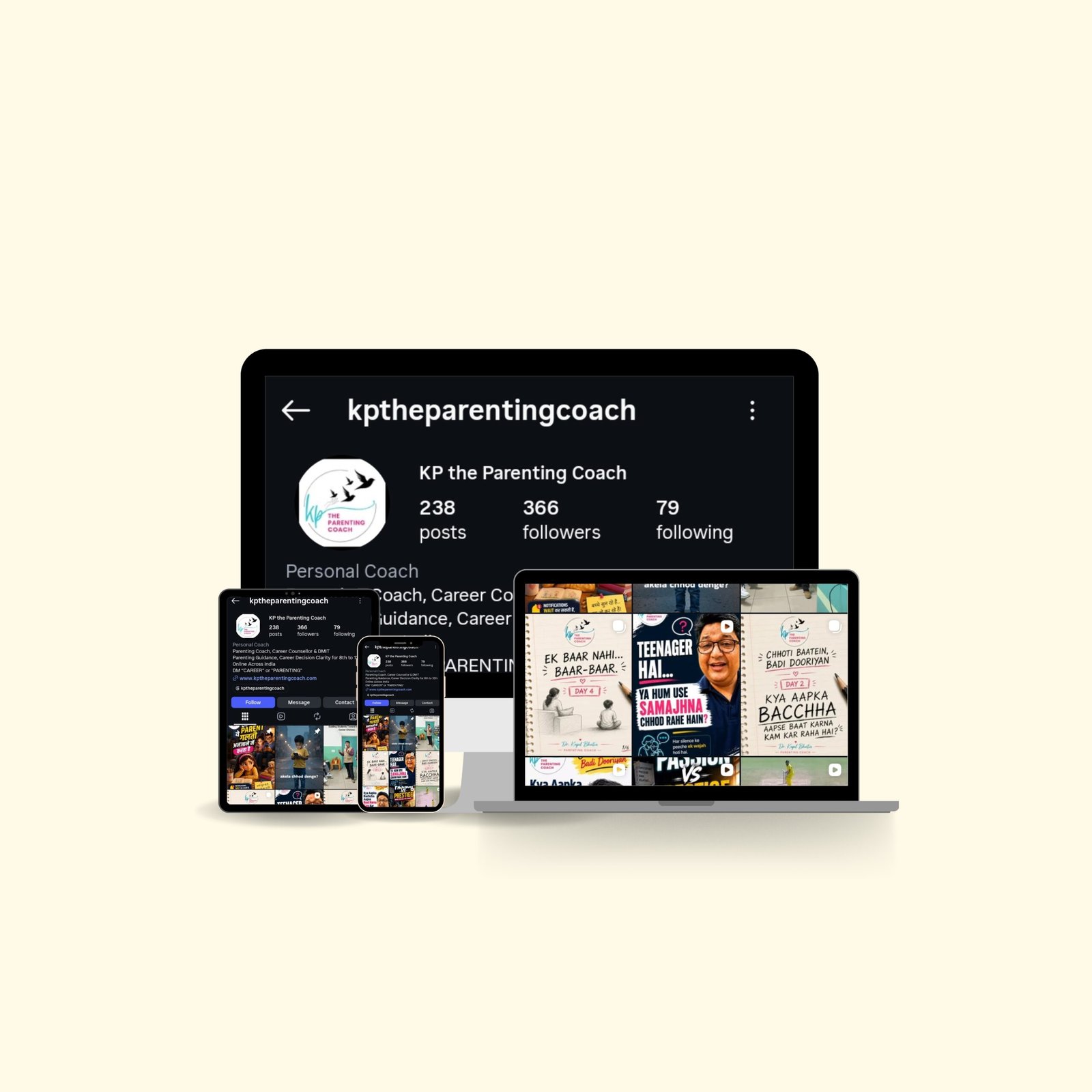 Cross-device social media feed mockup for KP The Parenting Coach Instagram