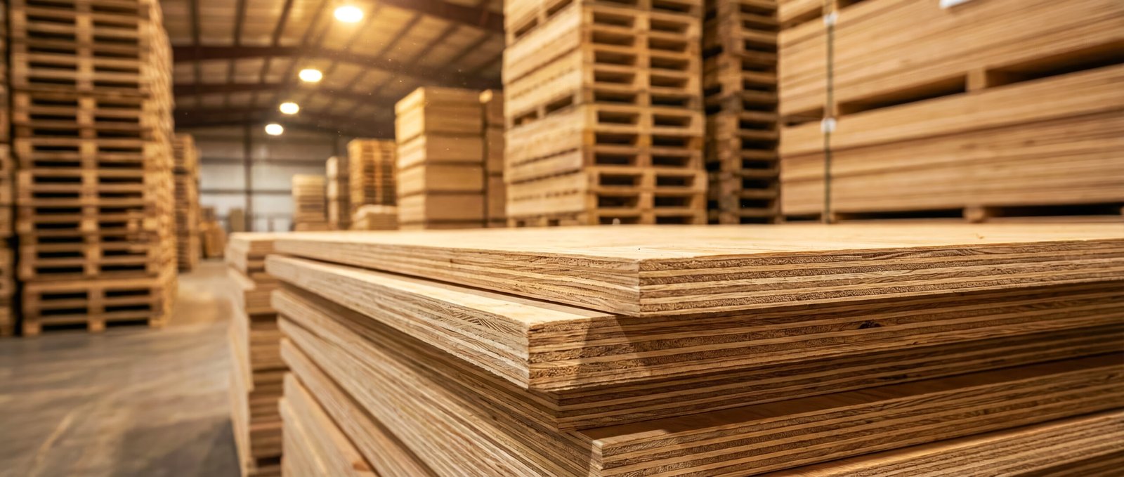Plywood sheets in a manufacturing environment